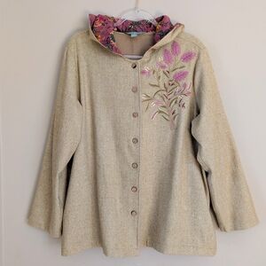 Vtg April Cornell Hooded Wool Blend Jacket Floral Embroidered Cottagecore Boho L